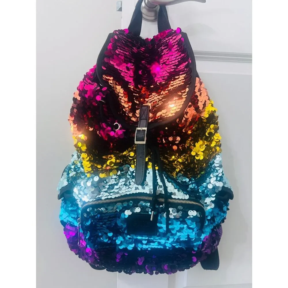 Rare Pink Victoria’s Secret rainbow Sequins Bling Backpack EUC limited Editio
